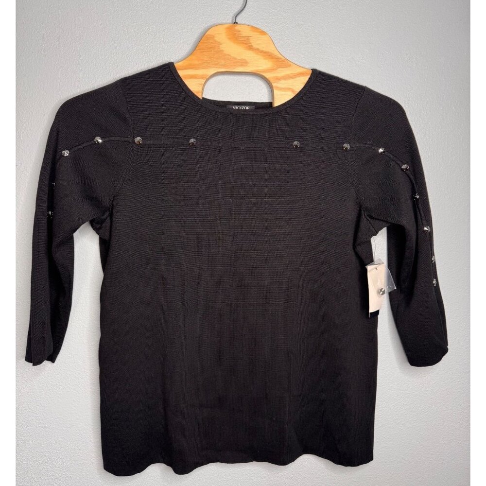 NWT Nic+Zoe Black Beaded/Rhinestone Accents 3/4 Sleeve Knit Top 1X Cotton